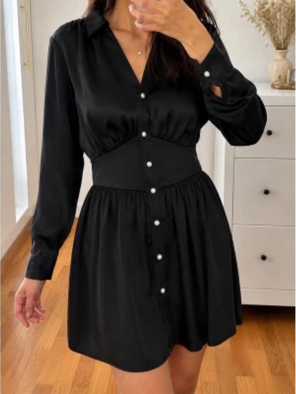 Zara black satin rhinestone-button mini shirt dress